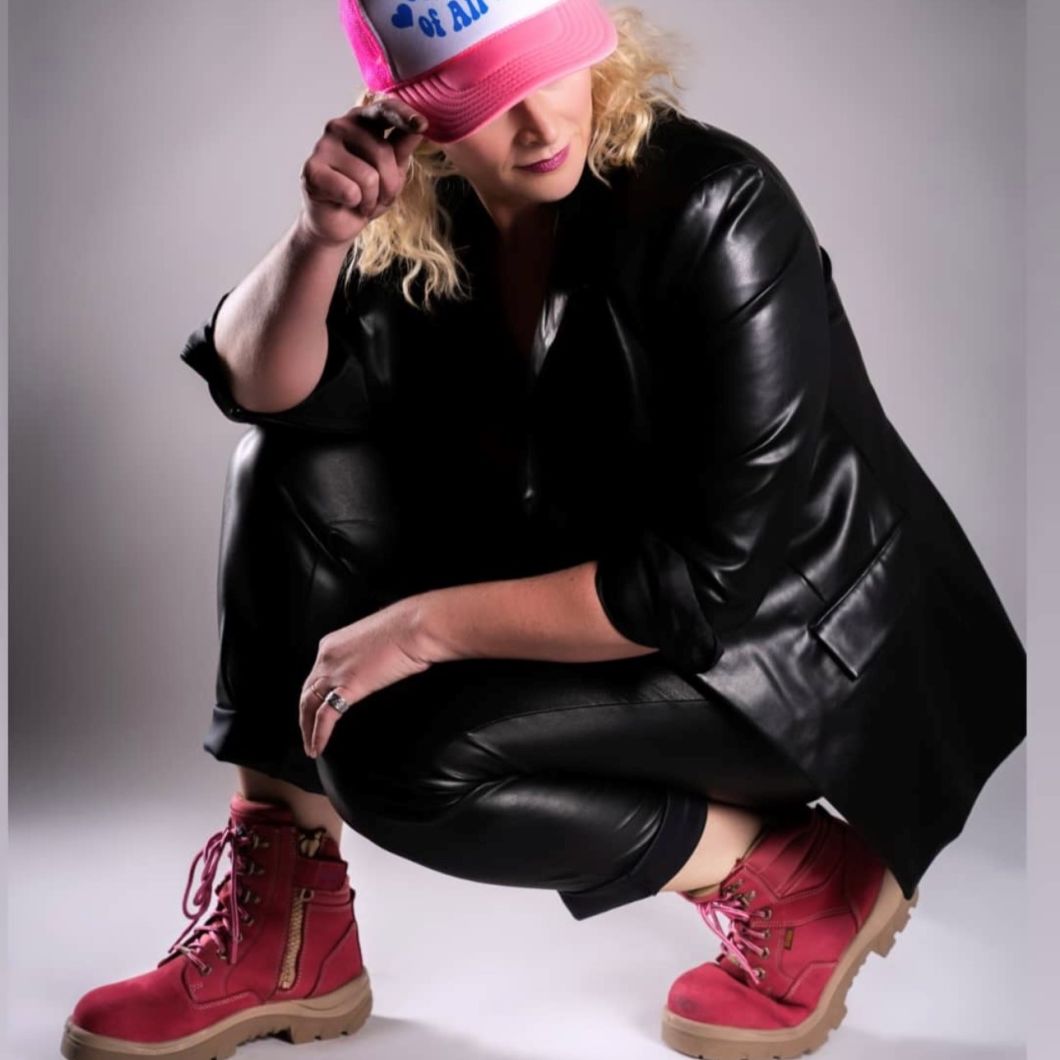 Jenny wearing Steel Blue Pink Shoes