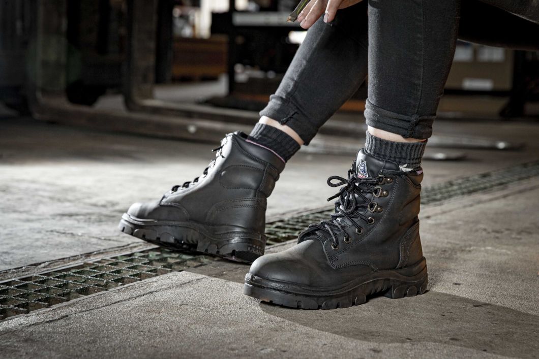 steel blue black leather work boots