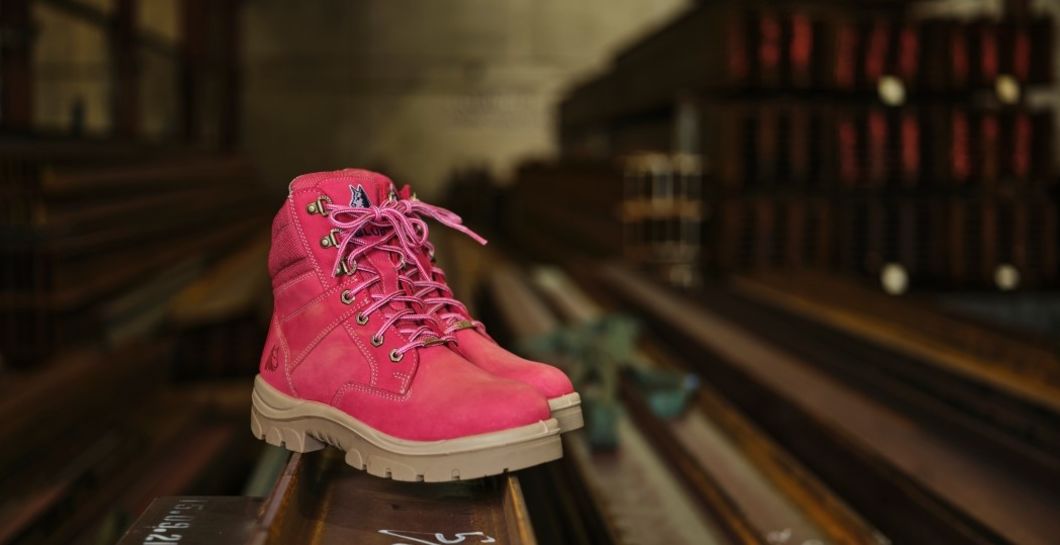pink work boots steel blue